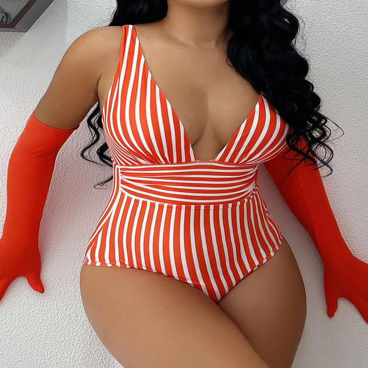 Women Elegant V-Neck One-Piece with Striped Design Mune Fashion