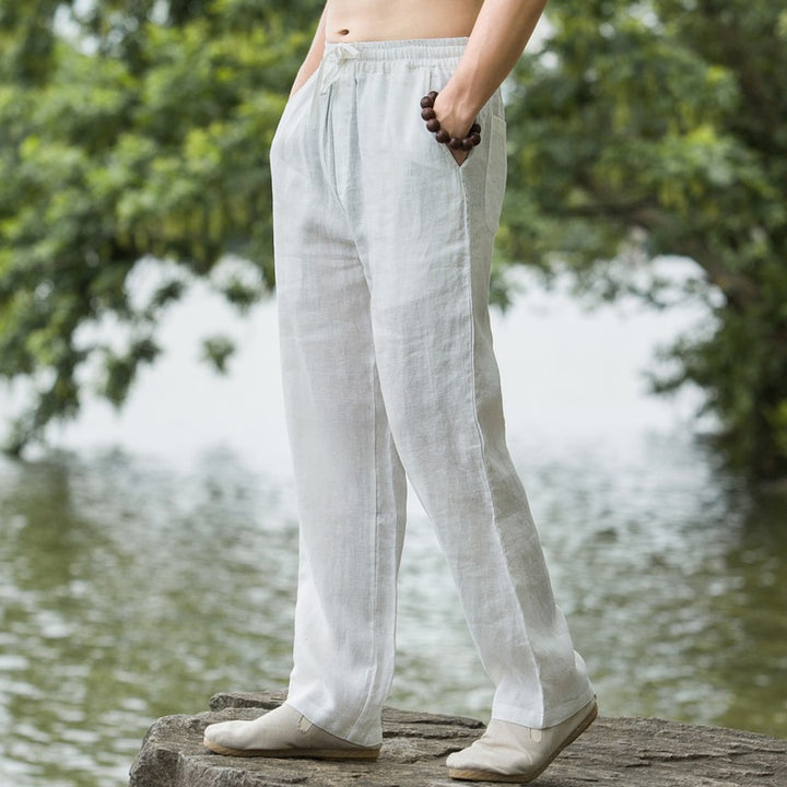 Men's light linen pants with elastic waistband, wide leg, and side pockets Mune Fashion