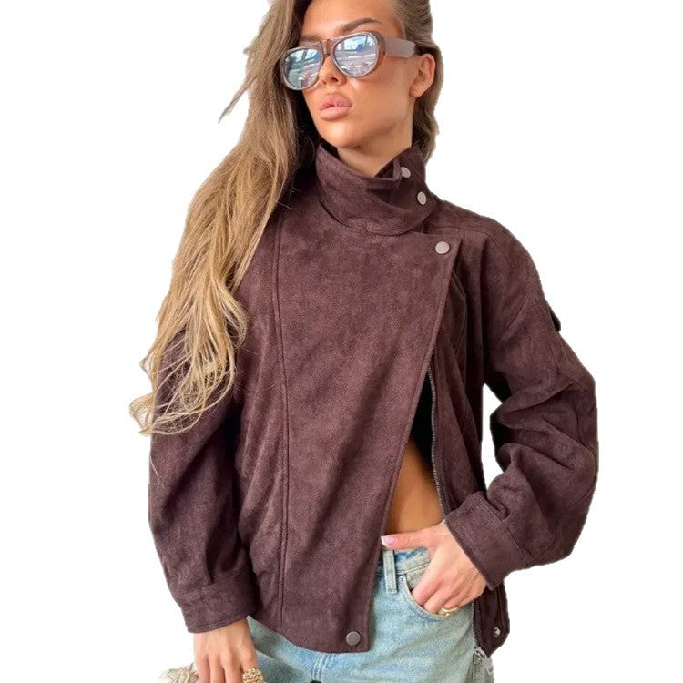 Women Oversize Suede-Look Biker Jacket with High Standing Collar Mune Fashion