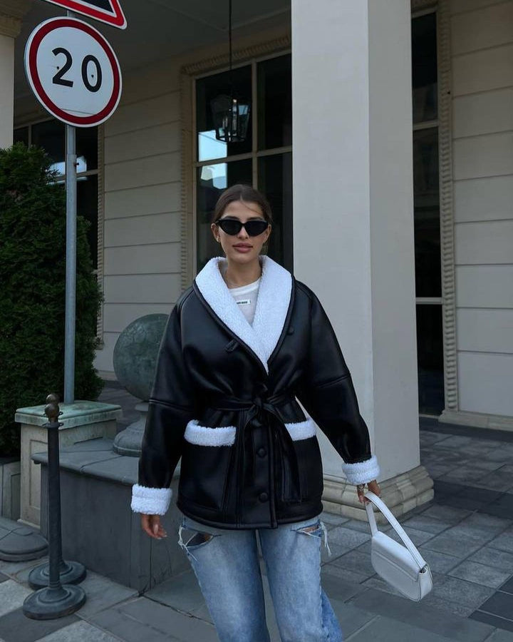 Ladies Short Teddy Coat with Tie Belt and Shawl Collar Mune Fashion