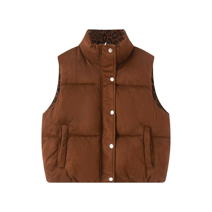Women Padded Quilted Vest with High Stand-Up Collar and Leopard Print Lining Mune Fashion