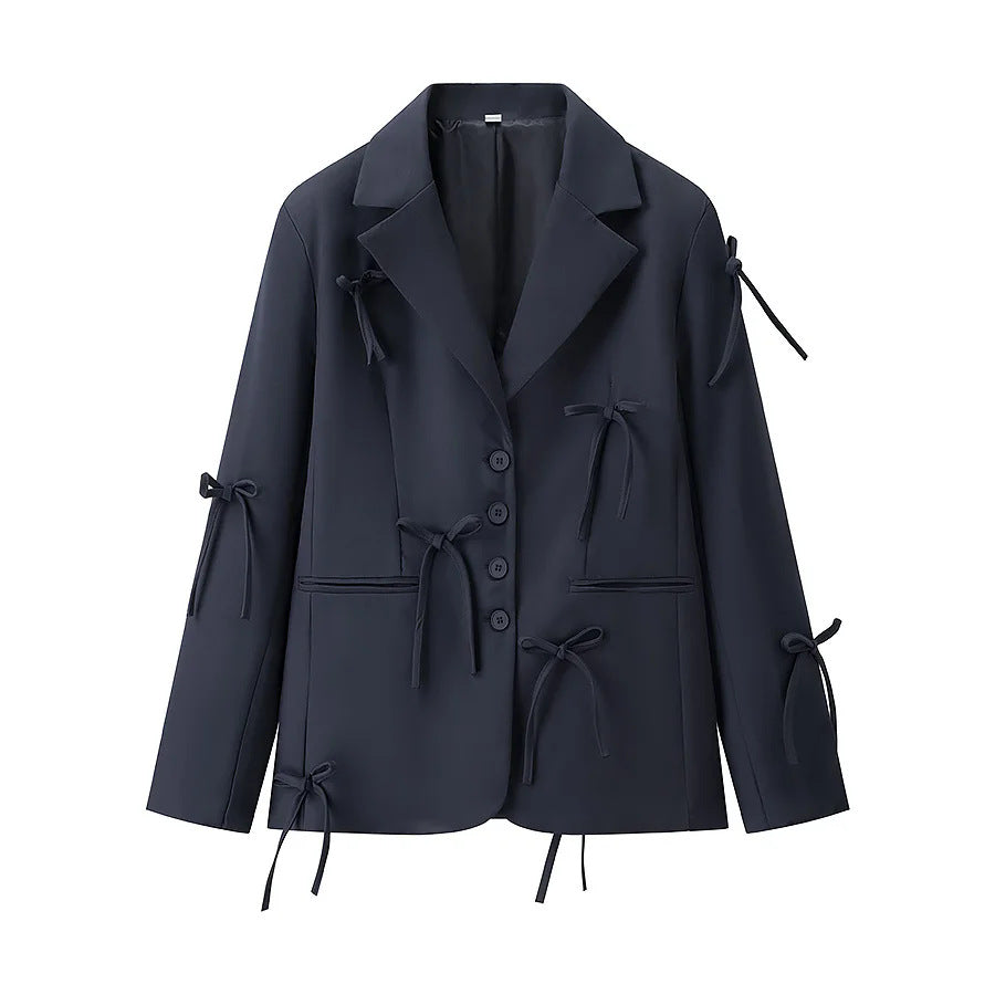 Women's tailored blazer with decorative bow appliqués and classic button placket Mune Fashion