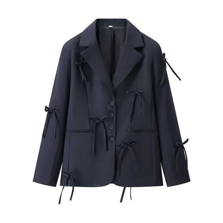 Women's tailored blazer with decorative bow appliqués and classic button placket Mune Fashion