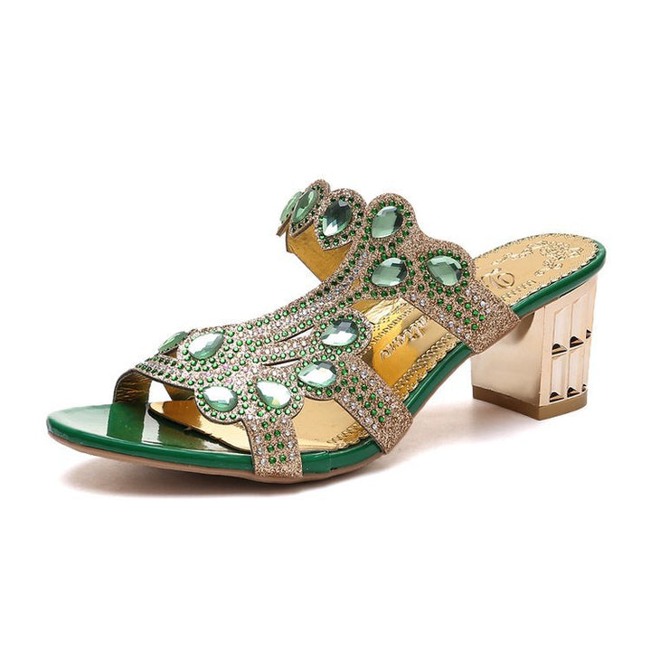 Ladies' embellished slide sandal with crystal accents and mid-block heel Mune Fashion