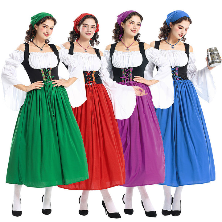 Ladies' Renaissance peasant dress with laced bodice, off-the-shoulder Carmen top, and wide skirt Mune Fashion