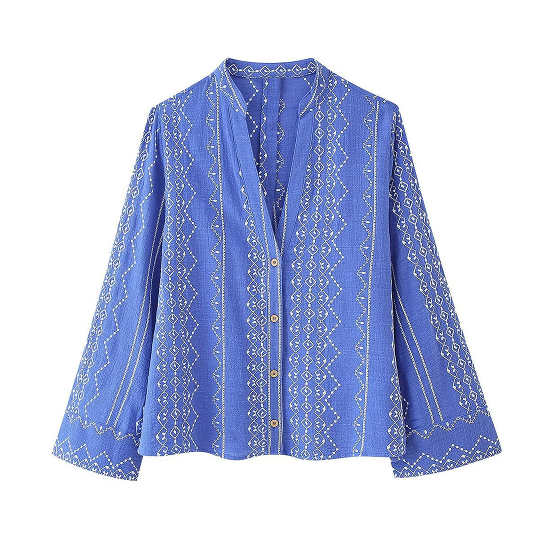 Women embroidered blouse jacket with V-neckline and loose A-line silhouette Mune Fashion