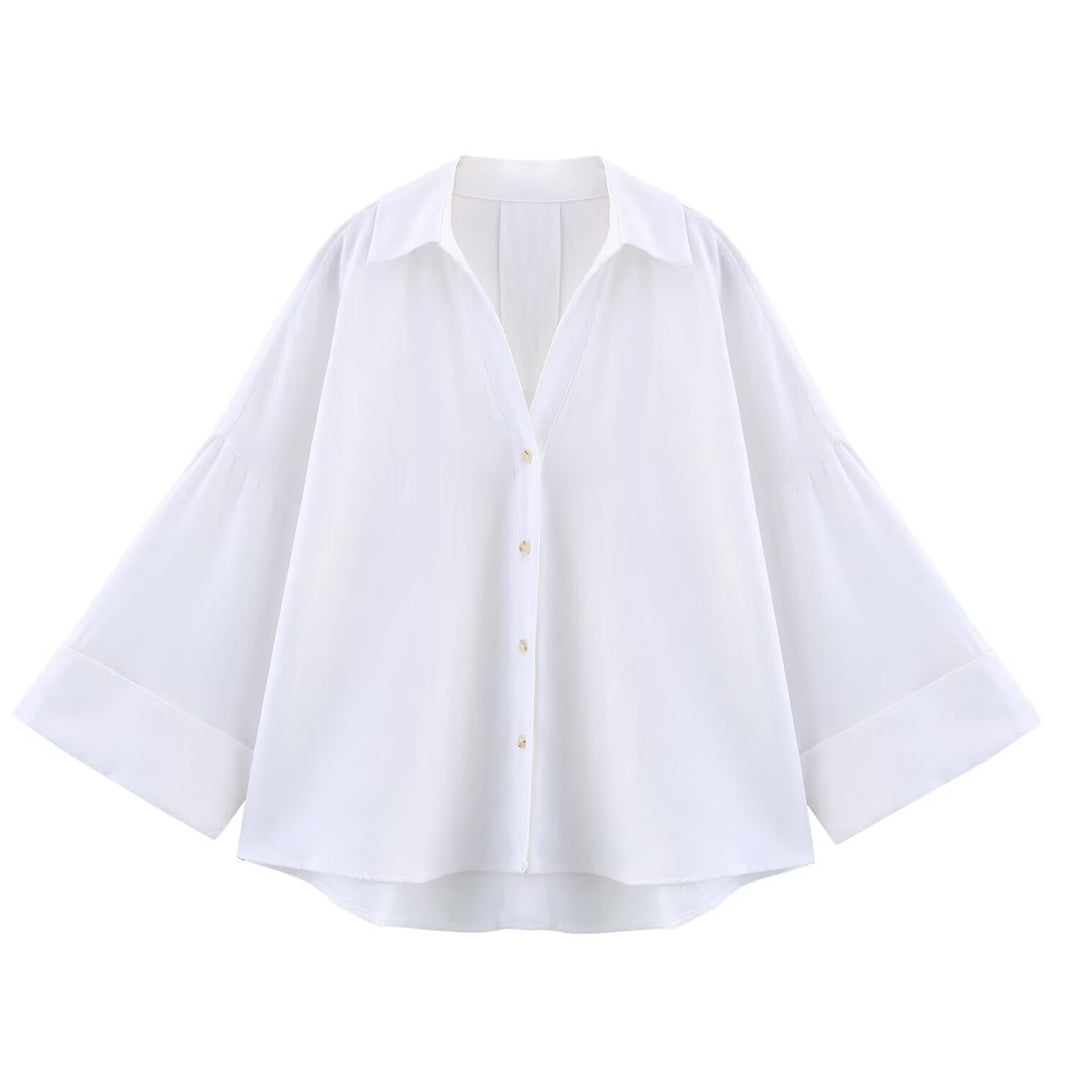 Women Oversize Shirt Blouse with Vertical Stripe Pattern and Extended Back Mune Fashion