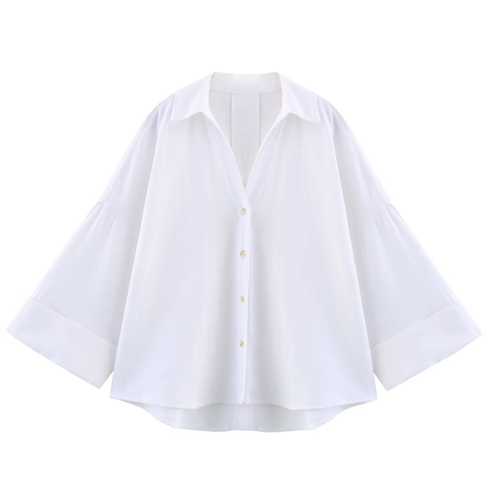Women Oversize Shirt Blouse with Vertical Stripe Pattern and Extended Back Mune Fashion