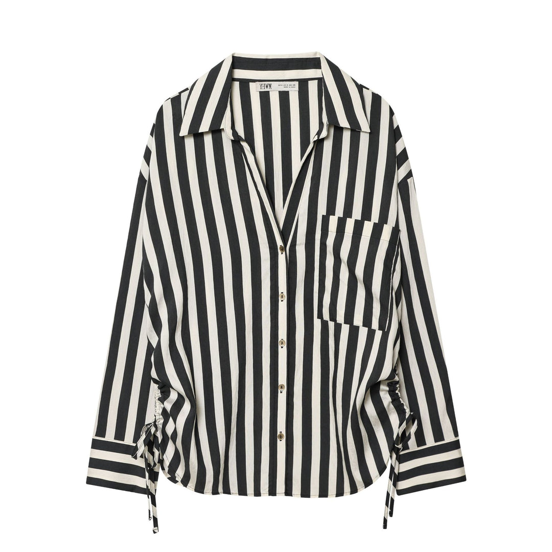 Women Oversized Shirt Blouse with Vertical Stripe Pattern and Side Lacing Mune Fashion