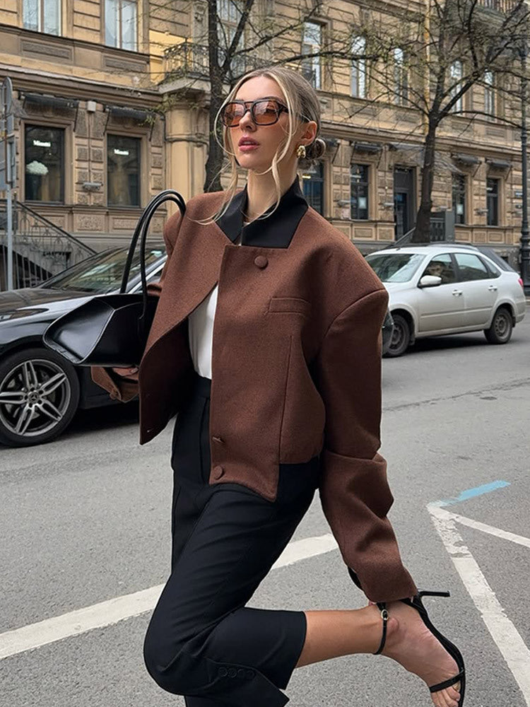 Women's Boxy Cropped Wool Jacket with Boxy Shoulder, Contrasting Lapel Collar and Hidden Button Placket Mune Fashion