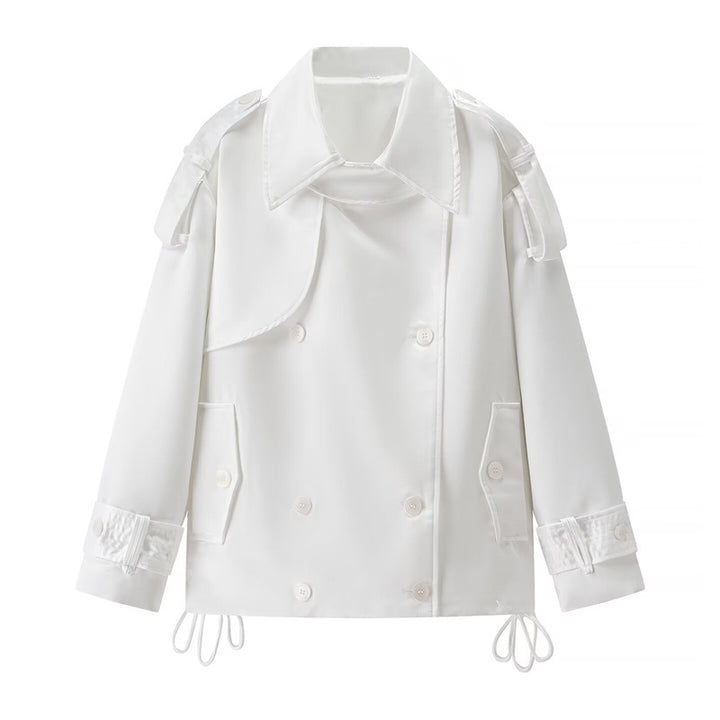 Women Short Boxy Double-breasted Trench with Drawstring and Decorative Shoulder Straps Mune Fashion