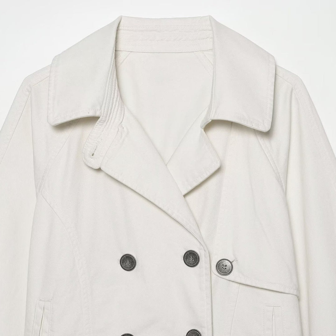 Women's Short Double-Breasted Cape Trench Coat with Dropped Shoulders and Adjustable Sleeve Straps Mune Fashion