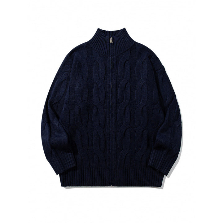 Unisex Chunky Knit Zip-up Cardigan with Cable Pattern and High Ribbed Collar Mune Fashion