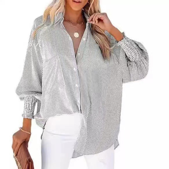 Women's loose fit striped blouse with shirt collar and gathered cuffs Mune Fashion