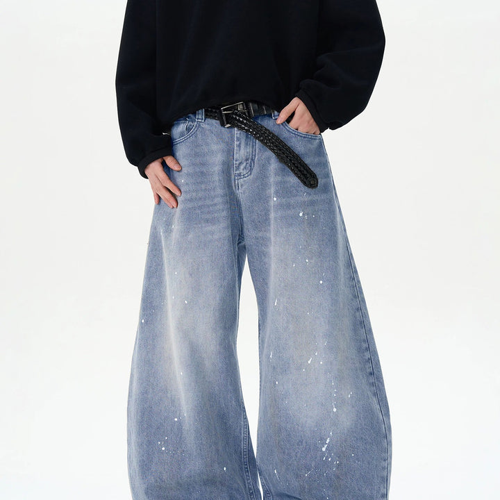 Men's Extra Wide Paint Effect Baggy Jeans with Low Crotch and Used Wash Mune Fashion