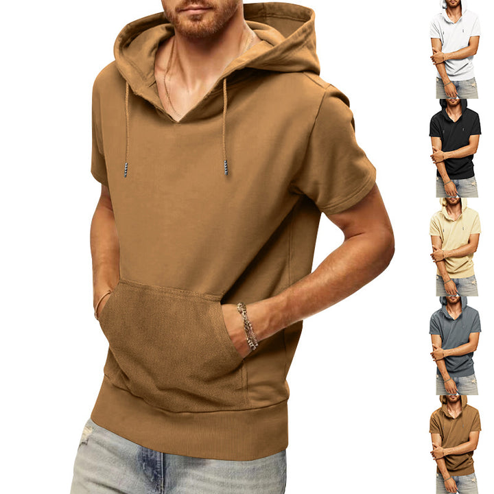 Men's casual short-sleeve hoodie shirt in a loose fit with kangaroo pocket and drawstring Mune Fashion