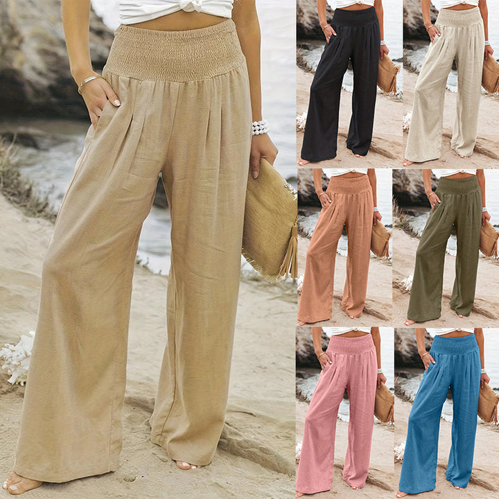 Women's Wide Linen Pants with Smocked Band and Side Pockets Mune Fashion