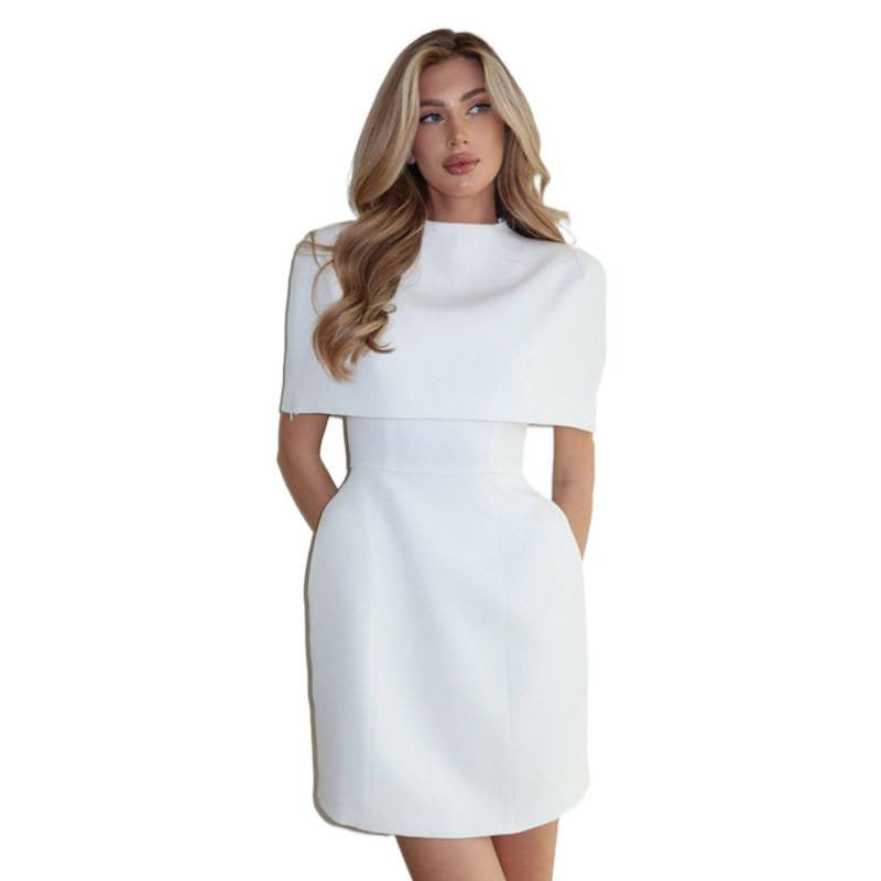 Ladies Cape Mini Dress with Stand Collar and Tailored Corset Mune Fashion