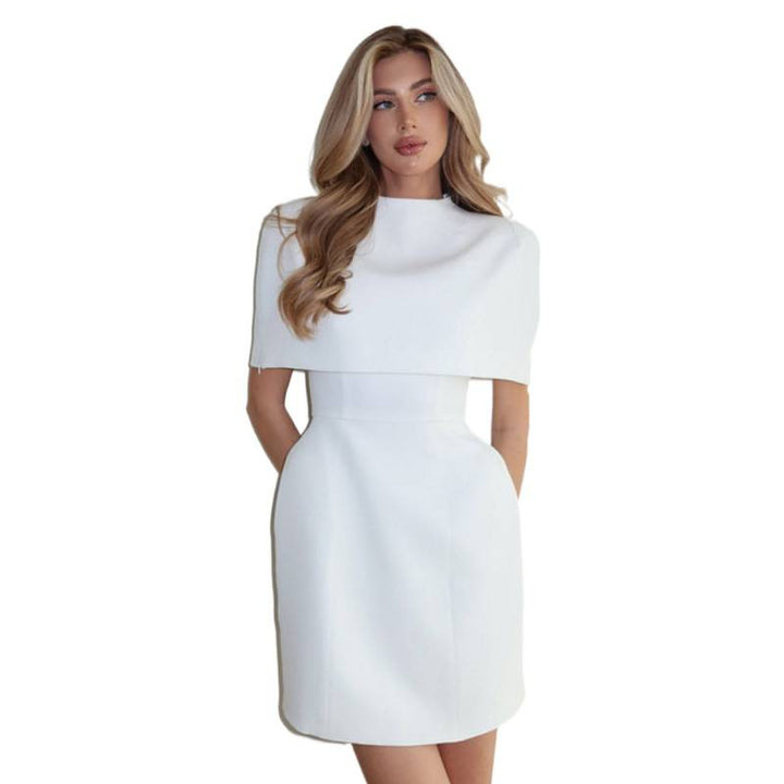 Ladies Cape Mini Dress with Stand Collar and Tailored Corset Mune Fashion