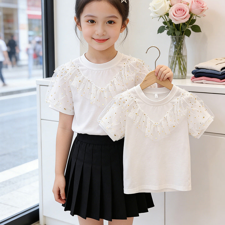 Girl T-shirt with ruffle details and transparent puff sleeves Mune Fashion
