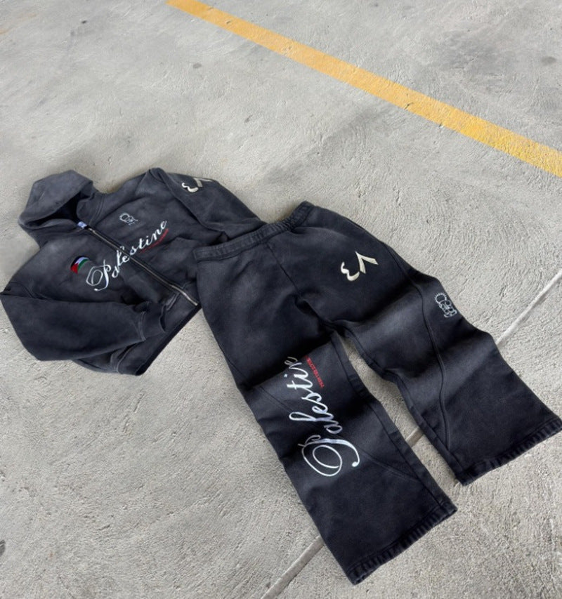 Unisex nan Oversize Hoodie Set in Vintage Look with zipper, expressive embroidery and wide sweatpants Mune Fashion