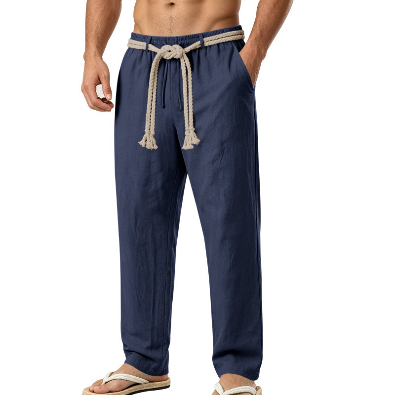 Men's Casual Linen Lounge Pants with Elastic Waistband, Decorative Rope Belt and Side Pockets Mune Fashion