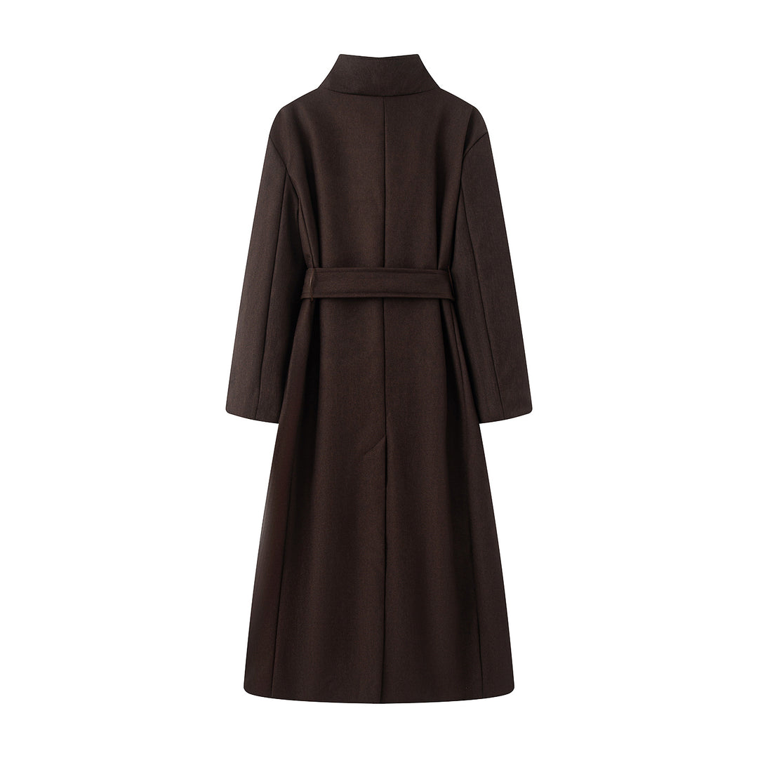 Women's longer double-breasted coat with high stand-up collar, wide tie belt, and concealed side pockets Mune Fashion