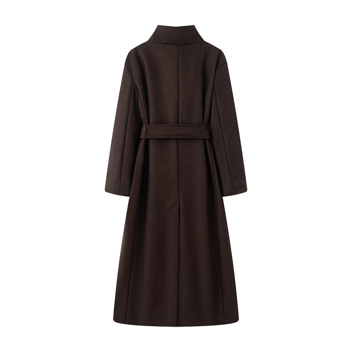 Women's longer double-breasted coat with high stand-up collar, wide tie belt, and concealed side pockets Mune Fashion