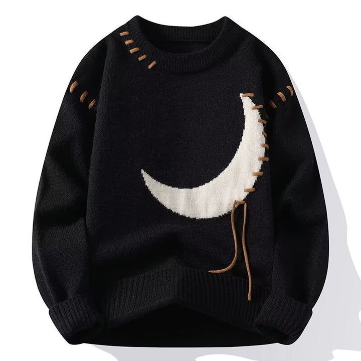 Women's Cozy Round Neck Sweater with Unique Moon Pattern Mune Fashion