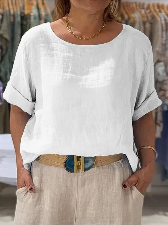 Women Lightweight Linen Blouse with Turned-up Sleeves Mune Fashion