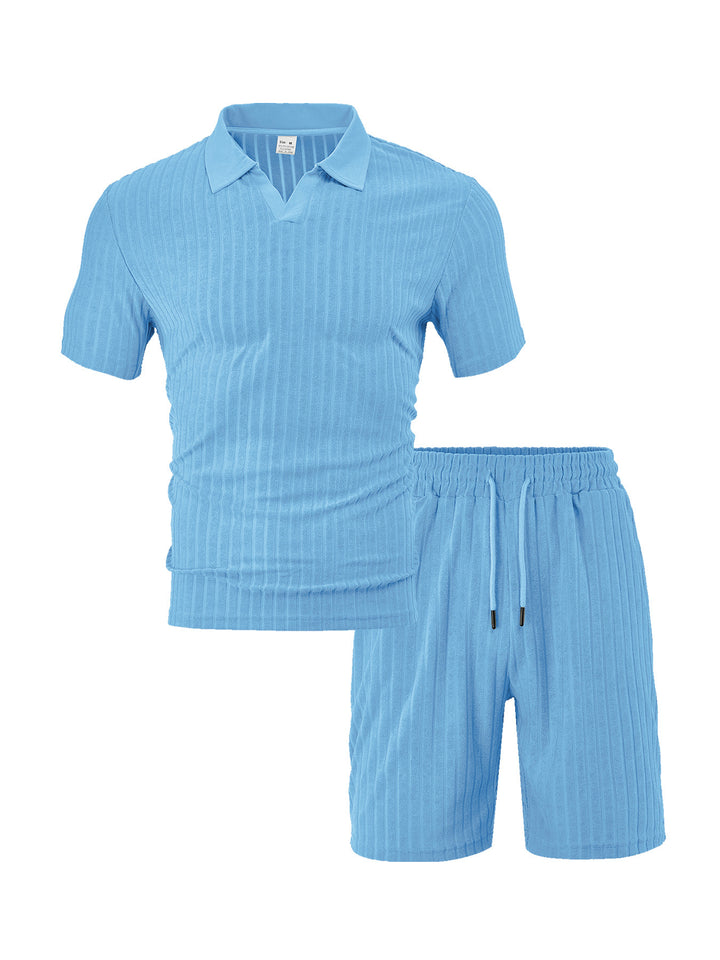 Men's knit lounge ensemble with polo collar V-insert and drawstring bermudas Mune Fashion