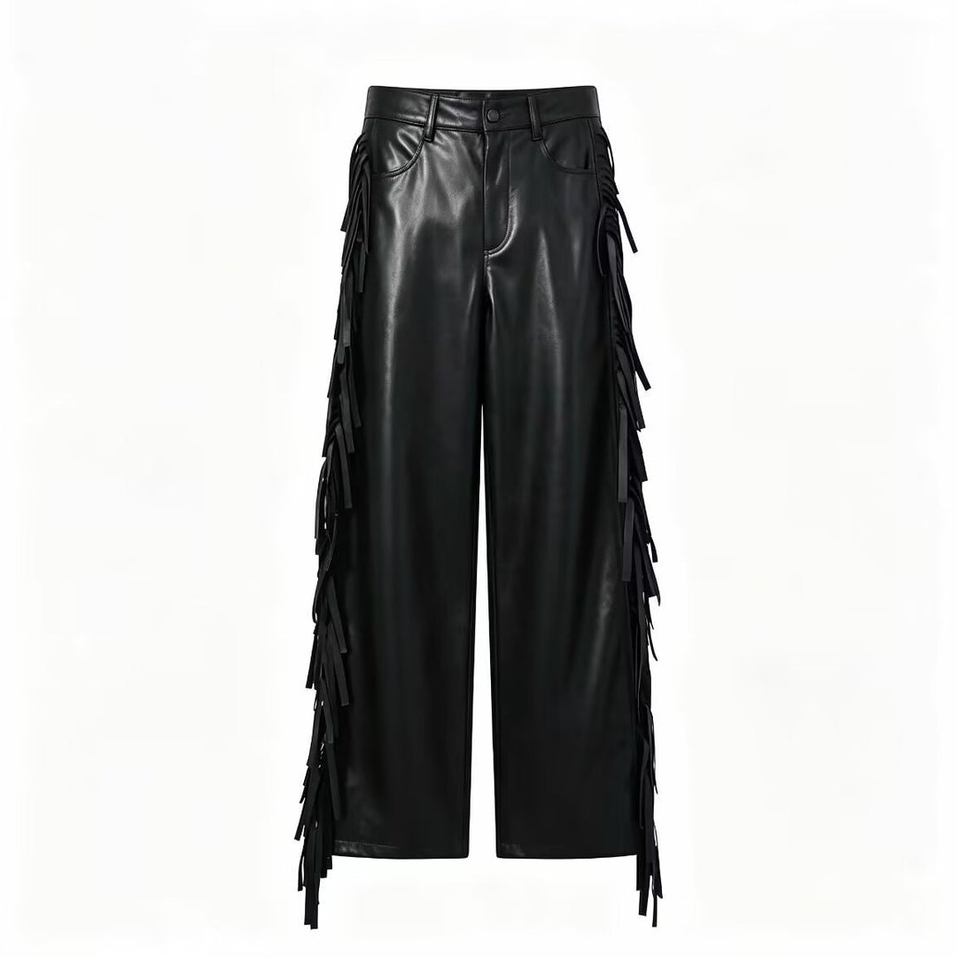 Women's wide faux leather trousers with side fringe detailing and high waist Mune Fashion