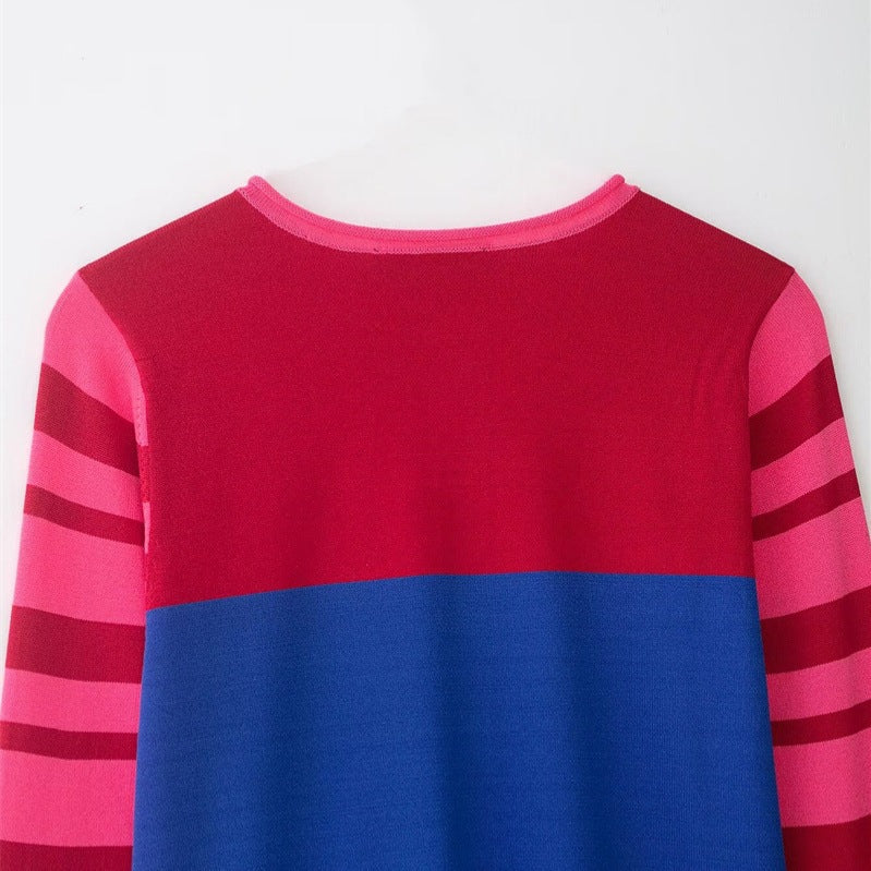 Women Cropped Cardigan with Color Block Design and Striped Sleeves Mune Fashion