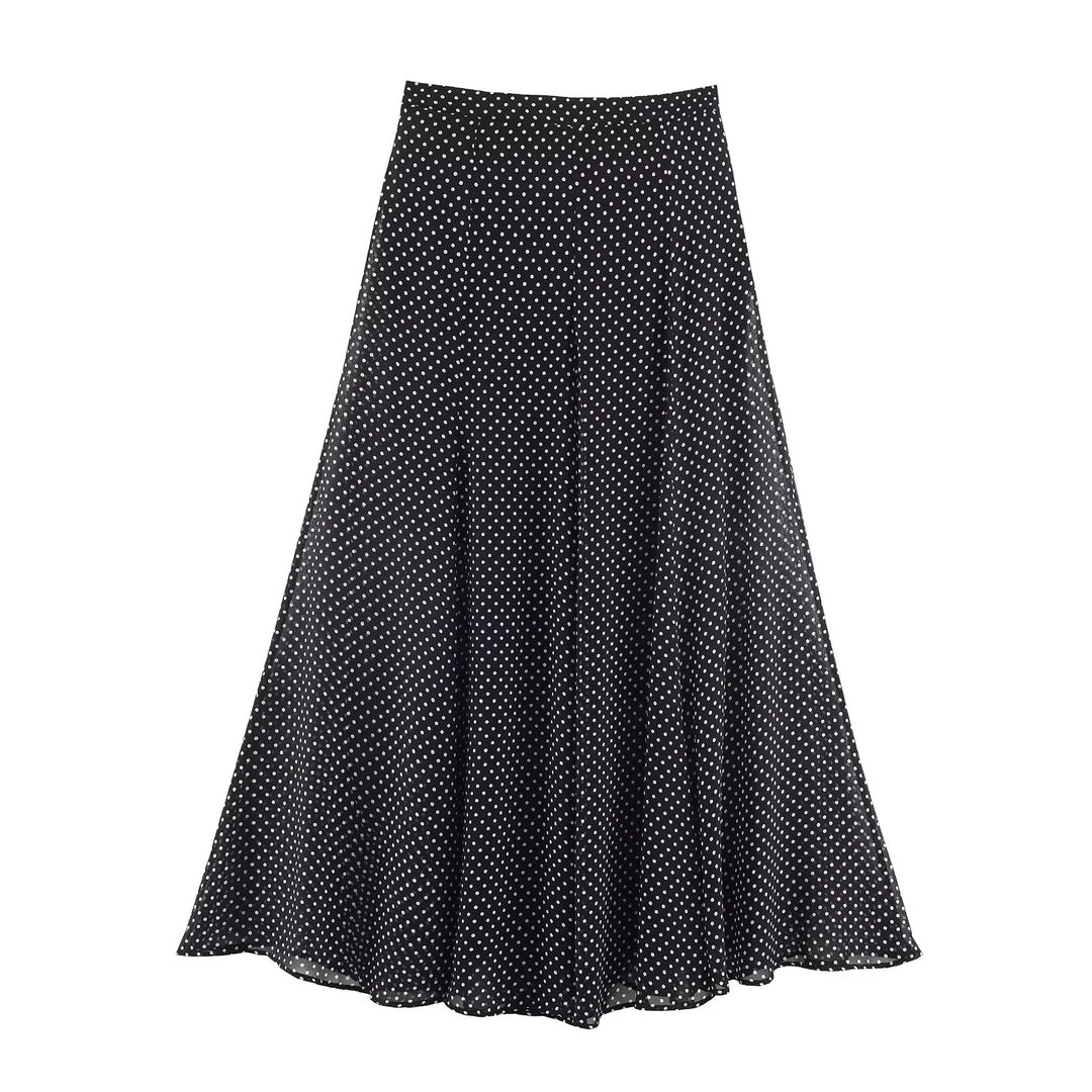 Women's A-line midi skirt with high waist, flounce fall and fine polka dot pattern made of chiffon Mune Fashion