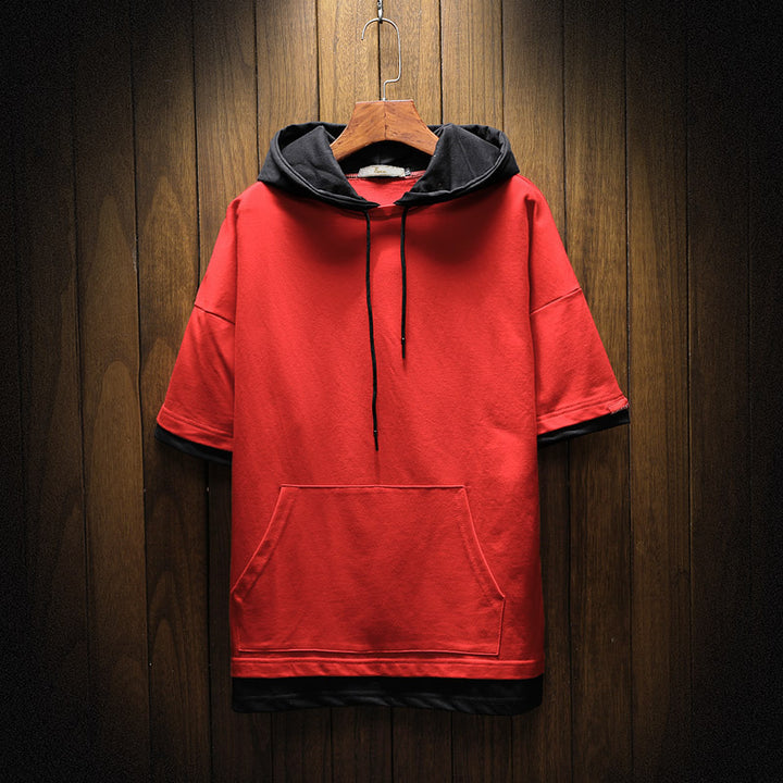 Men's short-sleeved hoodie T-shirt with kangaroo pocket and layered look Mune Fashion