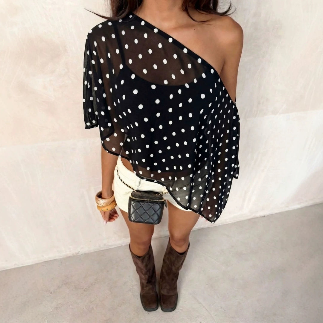 Women one-sided off-shoulder chiffon top with polka dot mesh, cropped cut and asymmetrical hem Mune Fashion