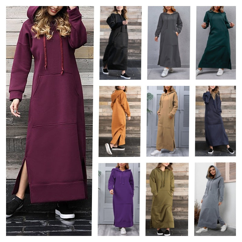 Women's long hooded sweat dress with kangaroo pocket, side slits and loose oversized fit Mune Fashion