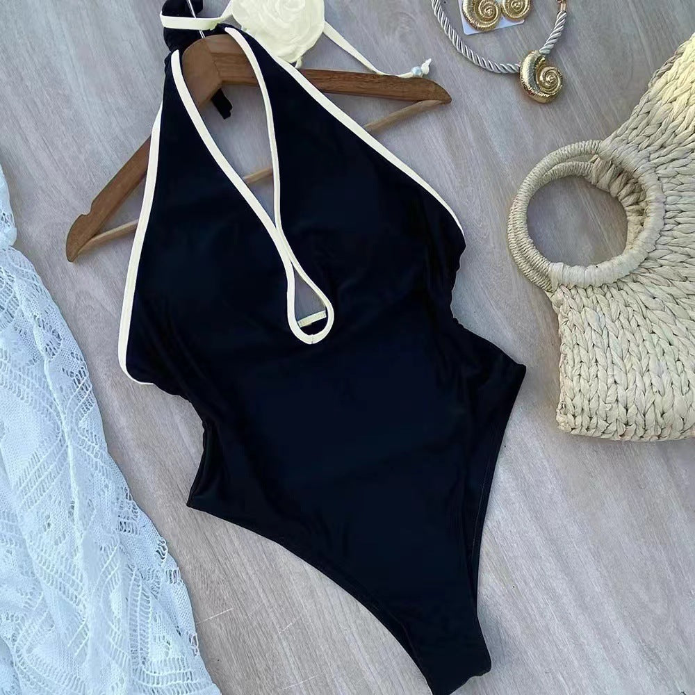 Women's Elegant Swimsuit with High Neckline and Floral Accent Mune Fashion