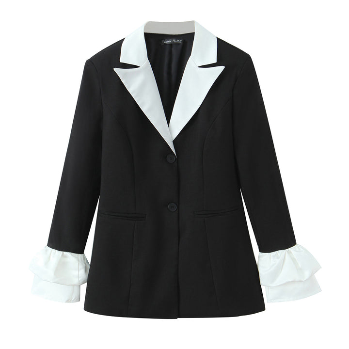 Women's statement blazer with contrasting shawl collar and ruffle cuffs Mune Fashion