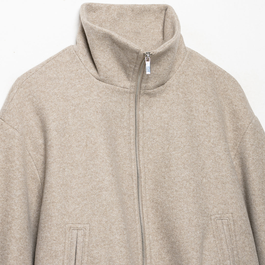 Women's Cropped Wool Blend Blouson Jacket with High Funnel Neck, Zipper and Gathered Hem