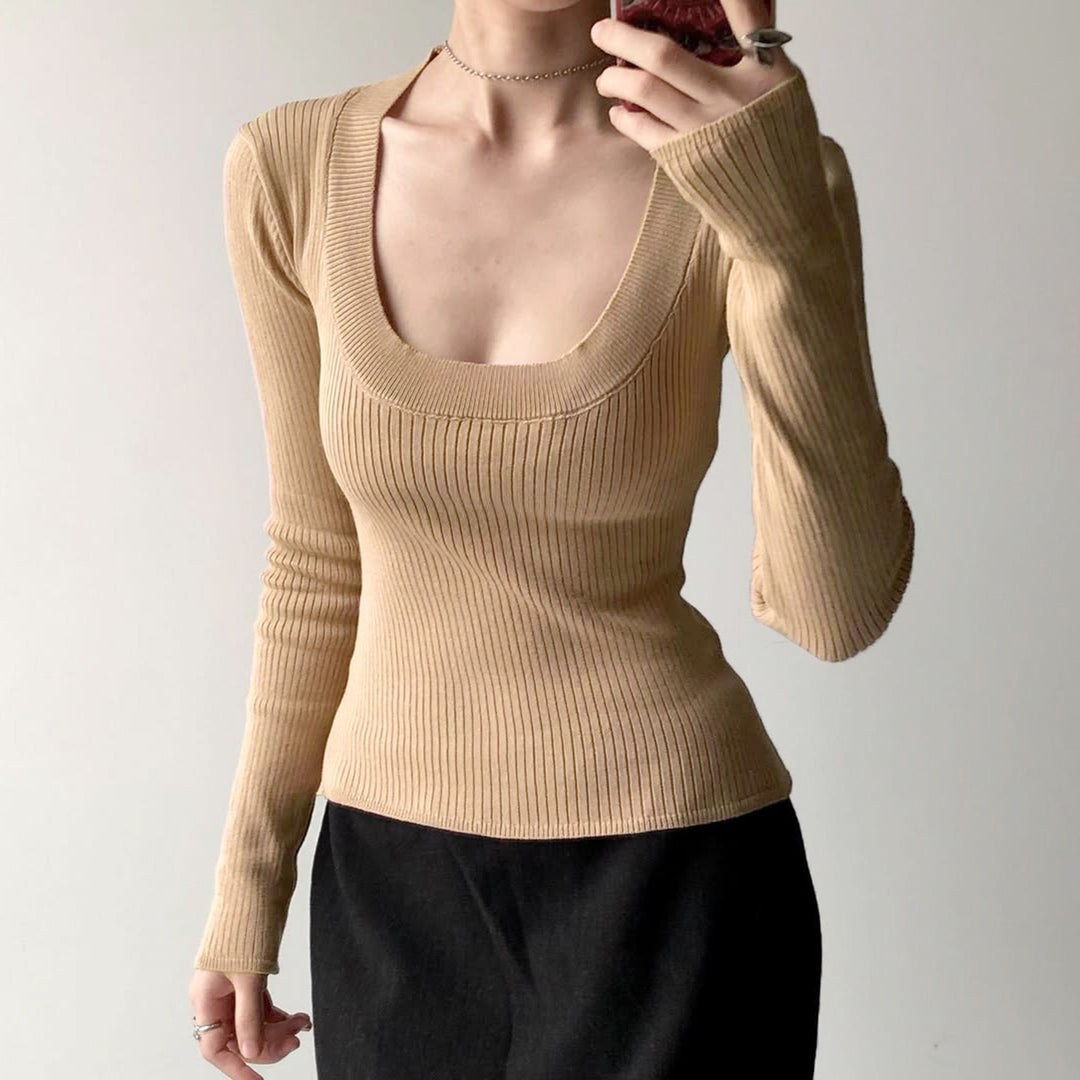 Women Fitted Ribbed Long Sleeve Shirt with Deep U-Neck Mune Fashion