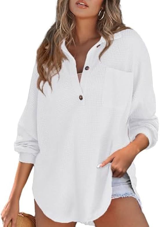 Women's oversized waffle piqué shirt blouse with chest pocket, button placket, and rounded hem Mune Fashion