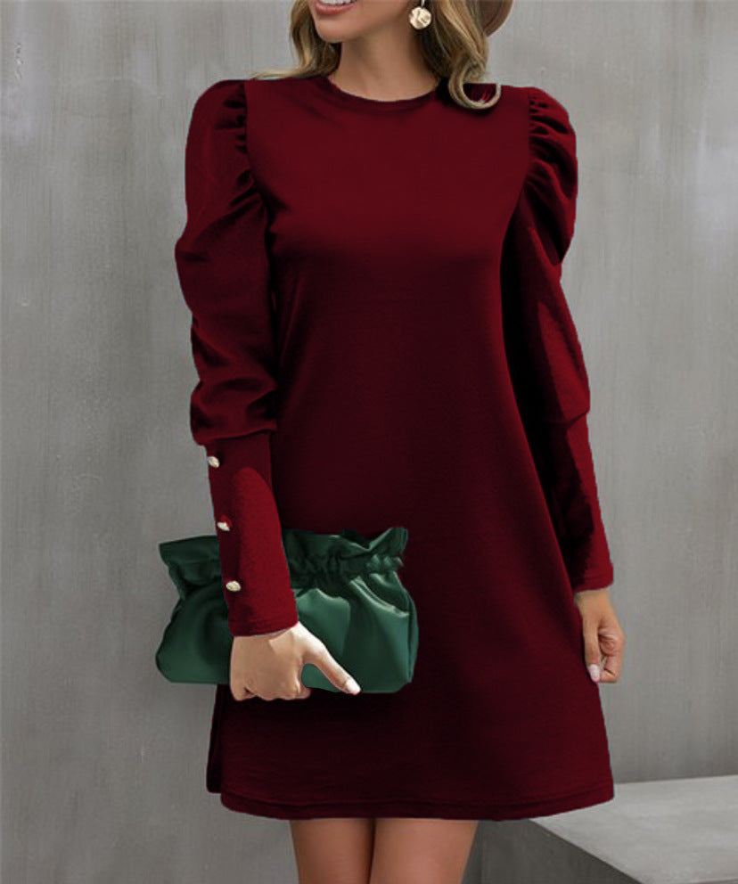 Women Elegant A-Line Mini Dress with Emphasized Puff Sleeves and Pearl Button Sleeve Cuffs Drune