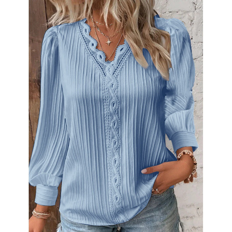 Women Pleated V-Neck Blouse with Lace Trim and Balloon Sleeves Mune Fashion