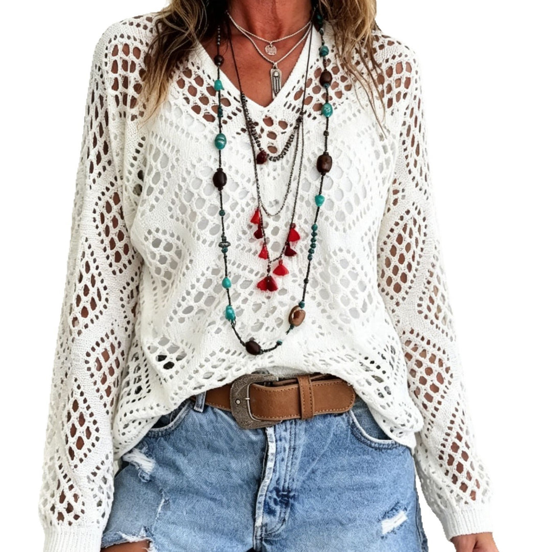 Women’s chunky knit crochet jumper with open stitches and V-neck Mune Fashion