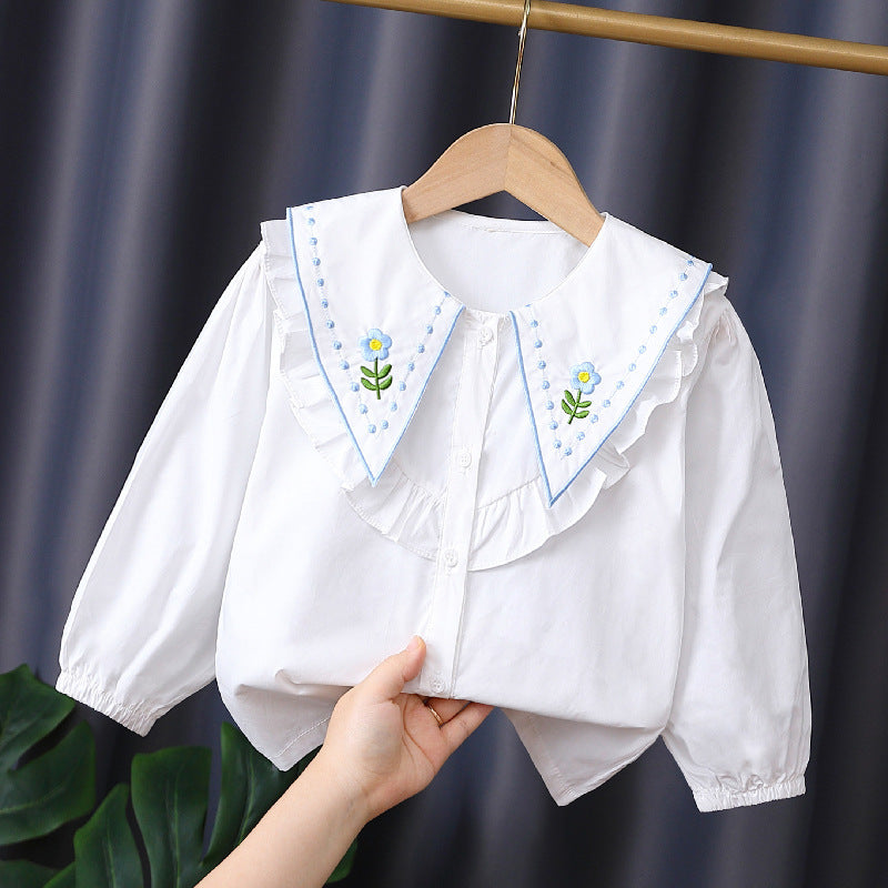 Girl Ruffle Blouse with Embroidered Collar Mune Fashion