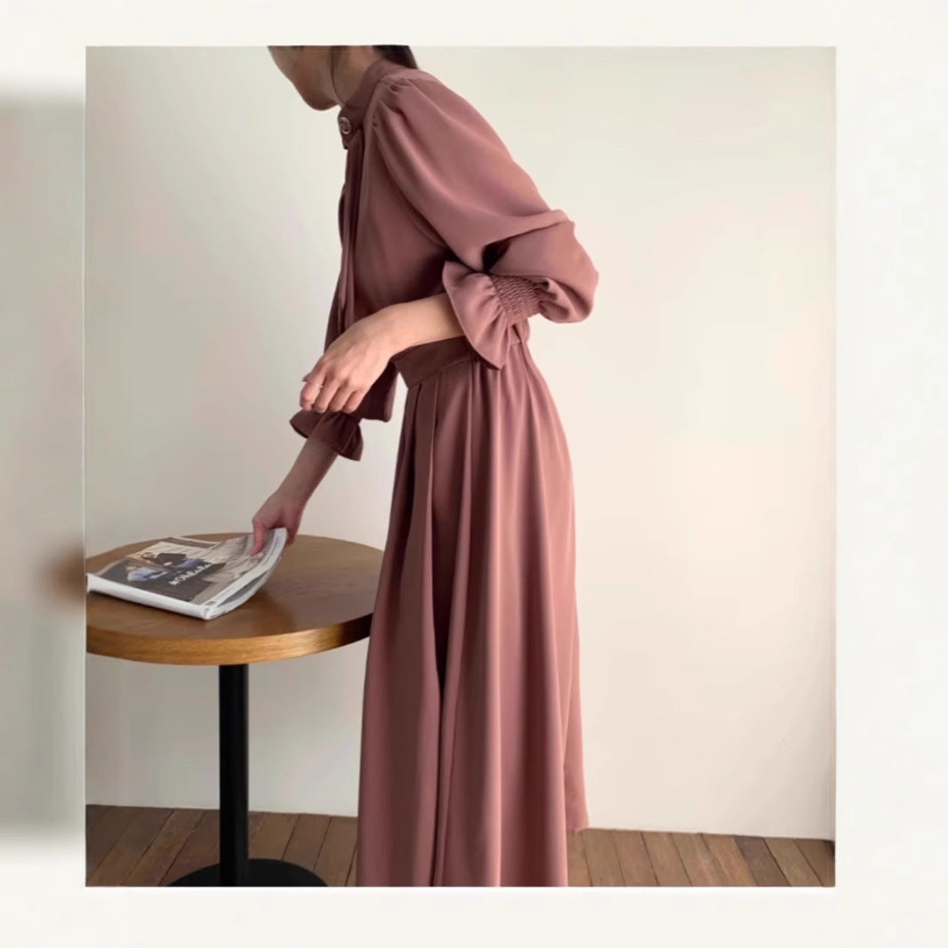 Women's midi dress with standing collar, bow panel and gathered waist Mune Fashion