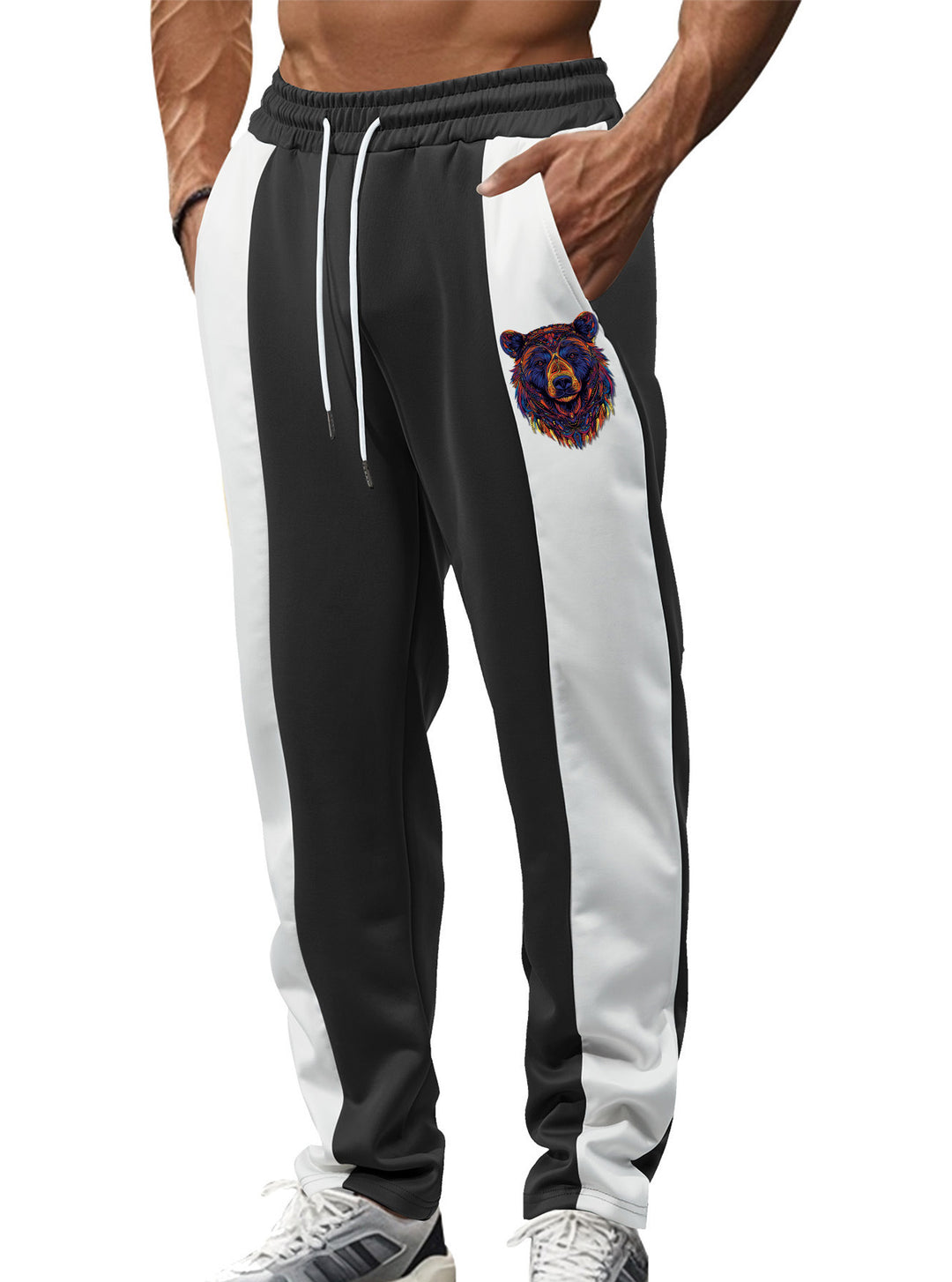 Men's sporty track pants with side contrast stripes, elastic waistband, drawstring, and deer embroidery Mune Fashion