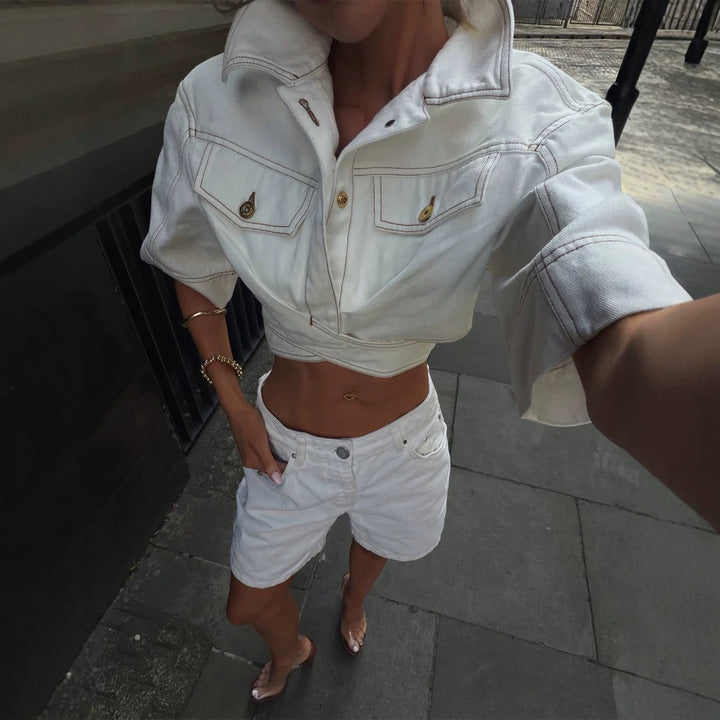 Women Short-Cut Denim Jacket with Waistband and Chest Pockets Mune Fashion