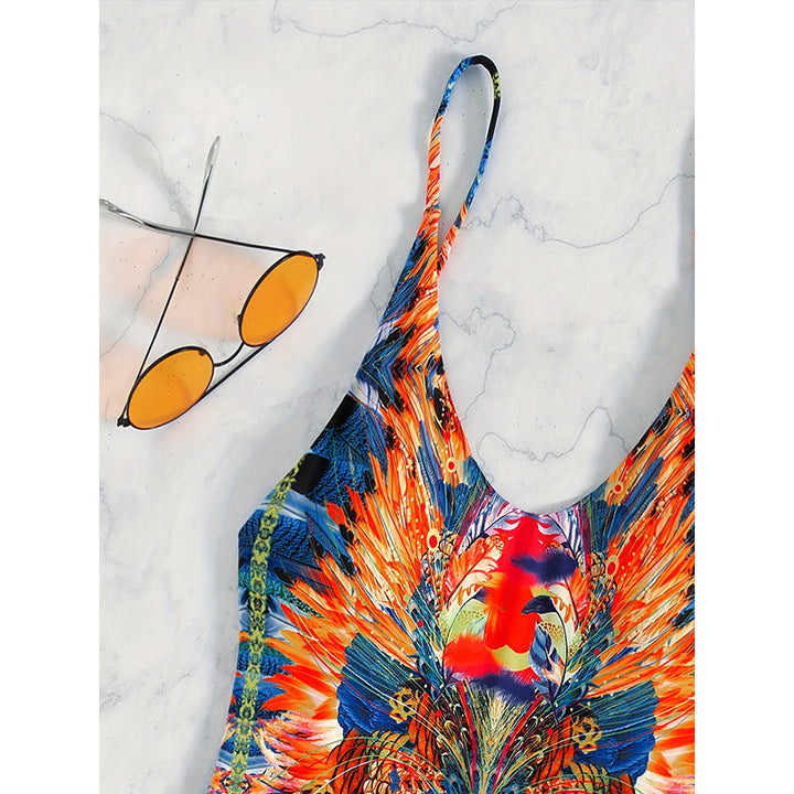 Women's One-Piece Swimsuit with Low-Cut Leg Opening and Colorful Pattern Mix Mune Fashion